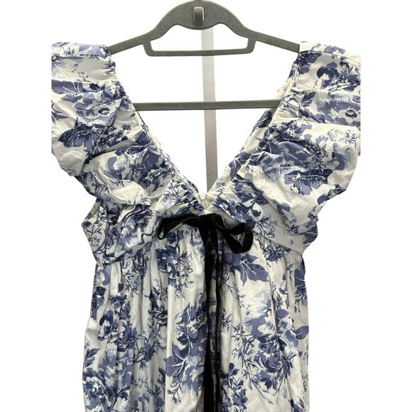 O.P.T Blue Floral Ruffle Mini Dress Cotton Lined Deep V Bow Detail Size XS - Picture 5 of 10